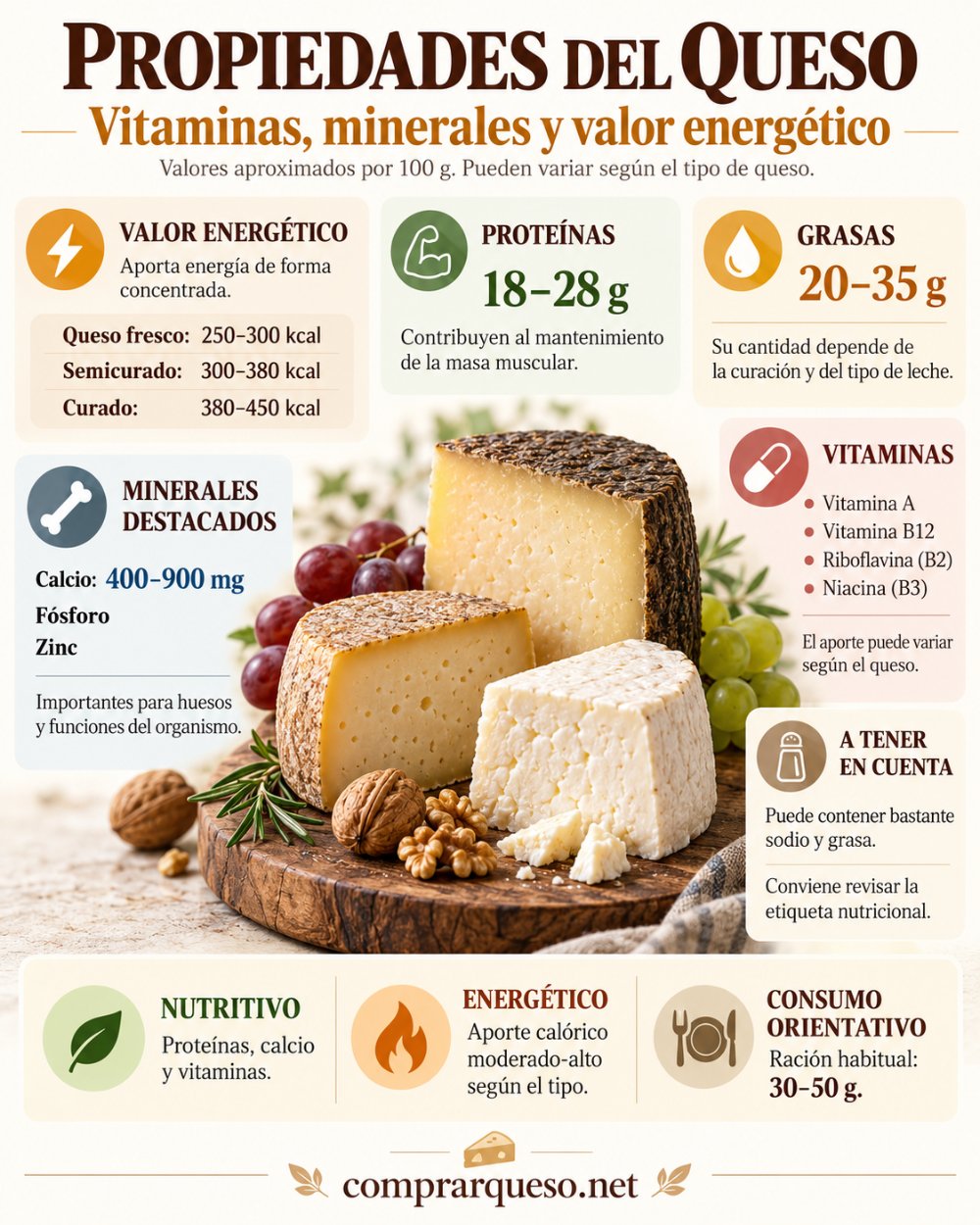 Propiedades del queso: vitaminas, minerales y valor energético